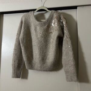 White House Black Market Taupe Sweater with Sequin Accents
